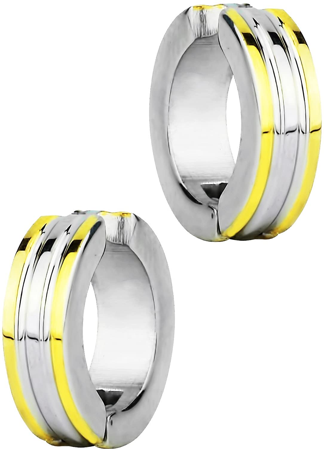 Stainless Steel Two Tone Yellow Gold IP Plated Clip On Huggie Hoop Earrings