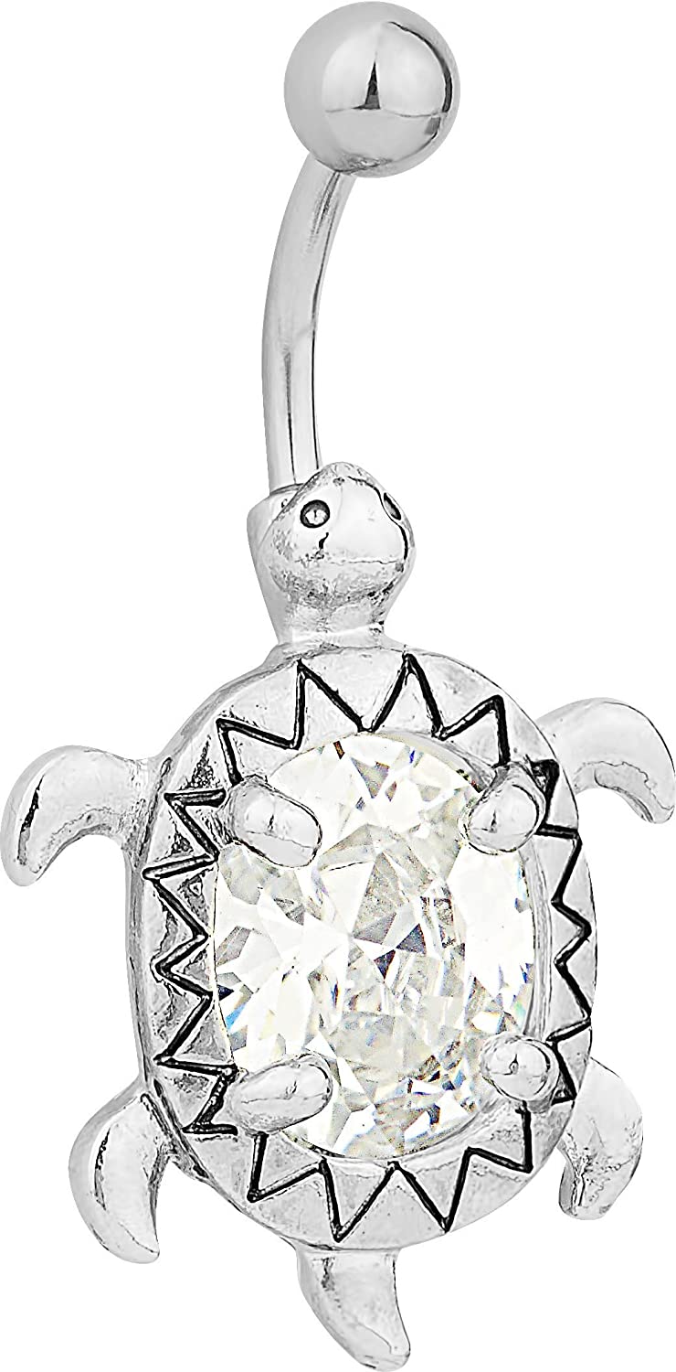 Surgical Steel CZ Jeweled Sea Turtle Animal Belly Button Ring