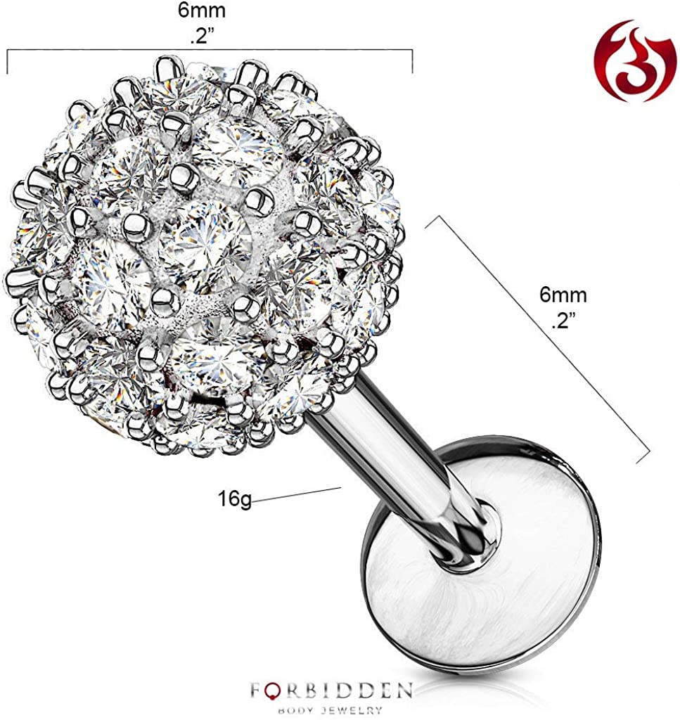 Forbidden Body Jewelry 16g 6-8mm Internally Threaded Surgical Steel Cartilage/Tragus/Labret/Monroe Stud w/6mm Pave CZ Ball Top