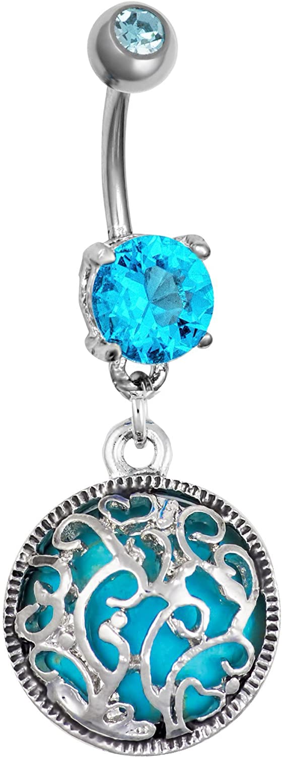 Forbidden Body Jewelry Surgical Steel Fancy Framed Simulated Turquoise Stone Dangle Belly Button Ring