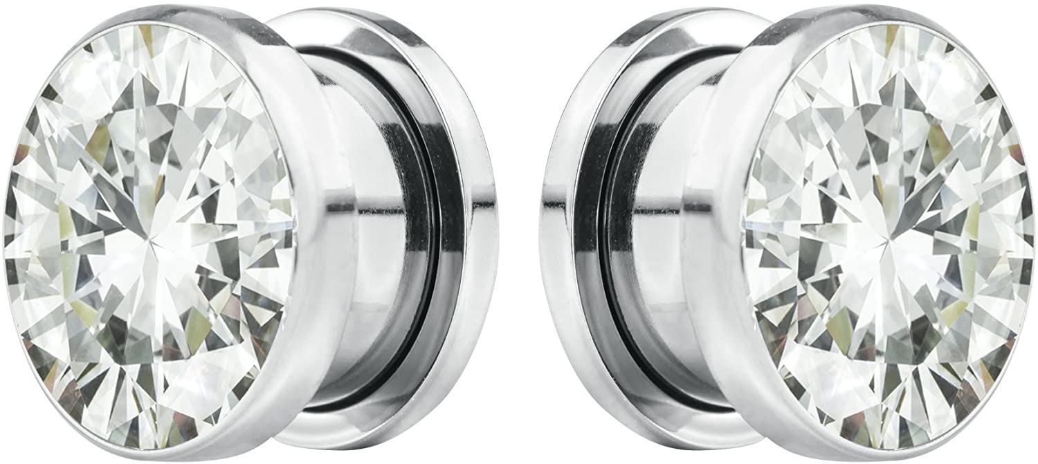 Forbidden Body Jewelry 8G-7/8 Surgical Steel Screw Fit CZ Center Tunnel Plug Earrings (Sold as Pair)