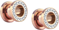 Forbidden Body Jewelry 10G-1" Rose Gold IP Plated Surgical Steel Crystal Rimmed Screw Fit Tunnel Plugs