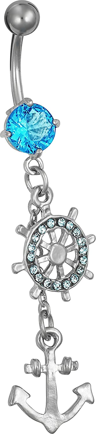 Surgical Steel Aqua Jeweled Anchor & Ship Wheel Nautical Dangle Belly Button Ring