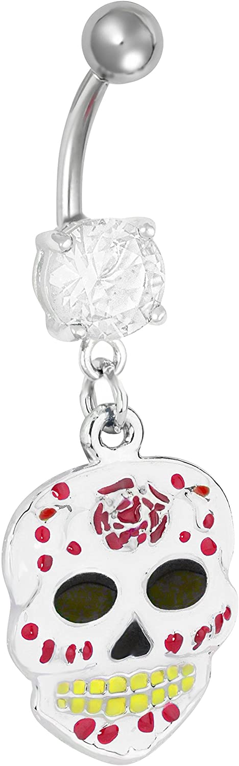 Surgical Steel Jeweled White Sugar Skull Epoxy Dangle Belly Button Ring