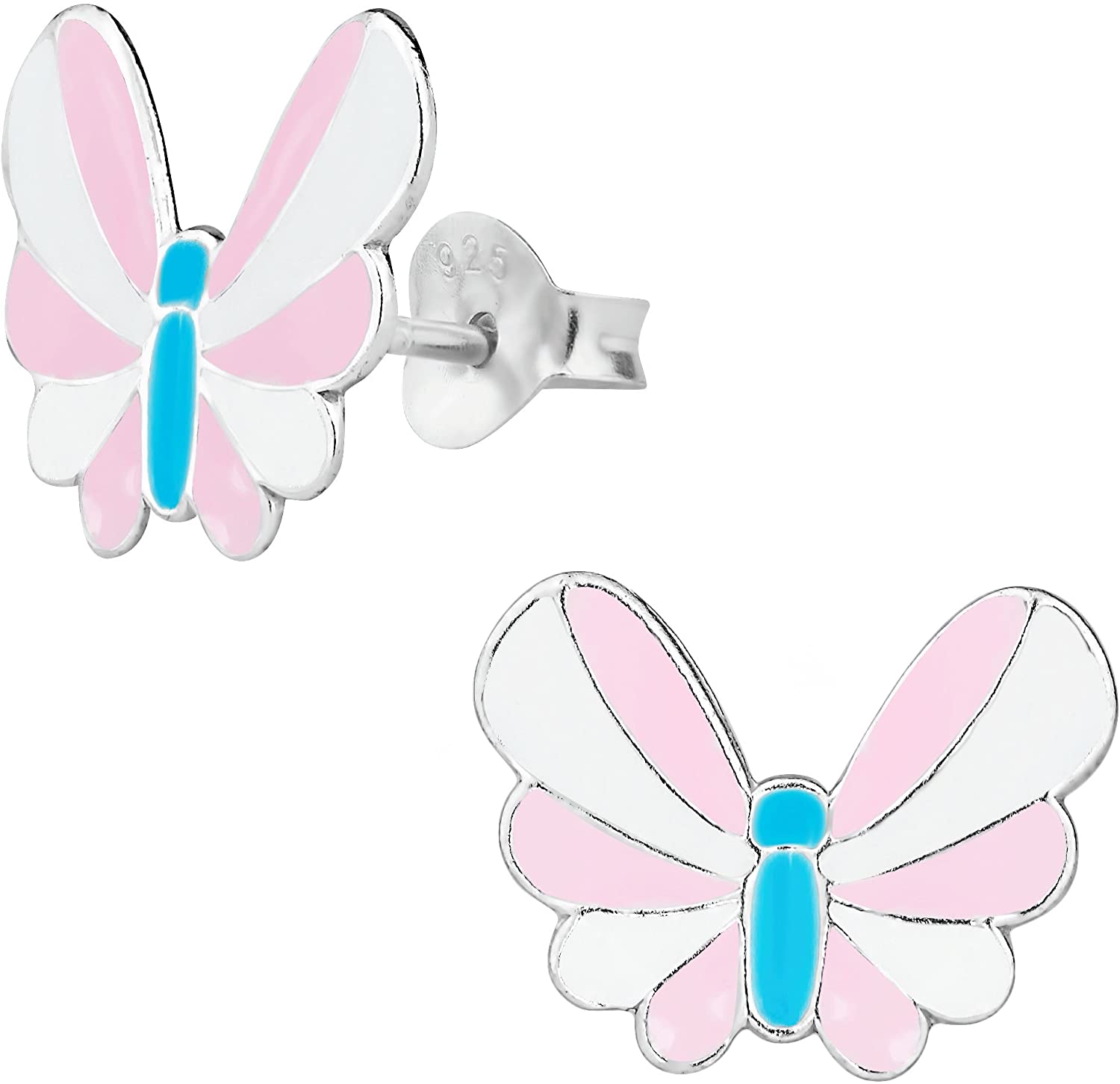 Hypoallergenic Sterling Silver Pink & Blue Butterfly Stud Earrings for Kids (Nickel Free)