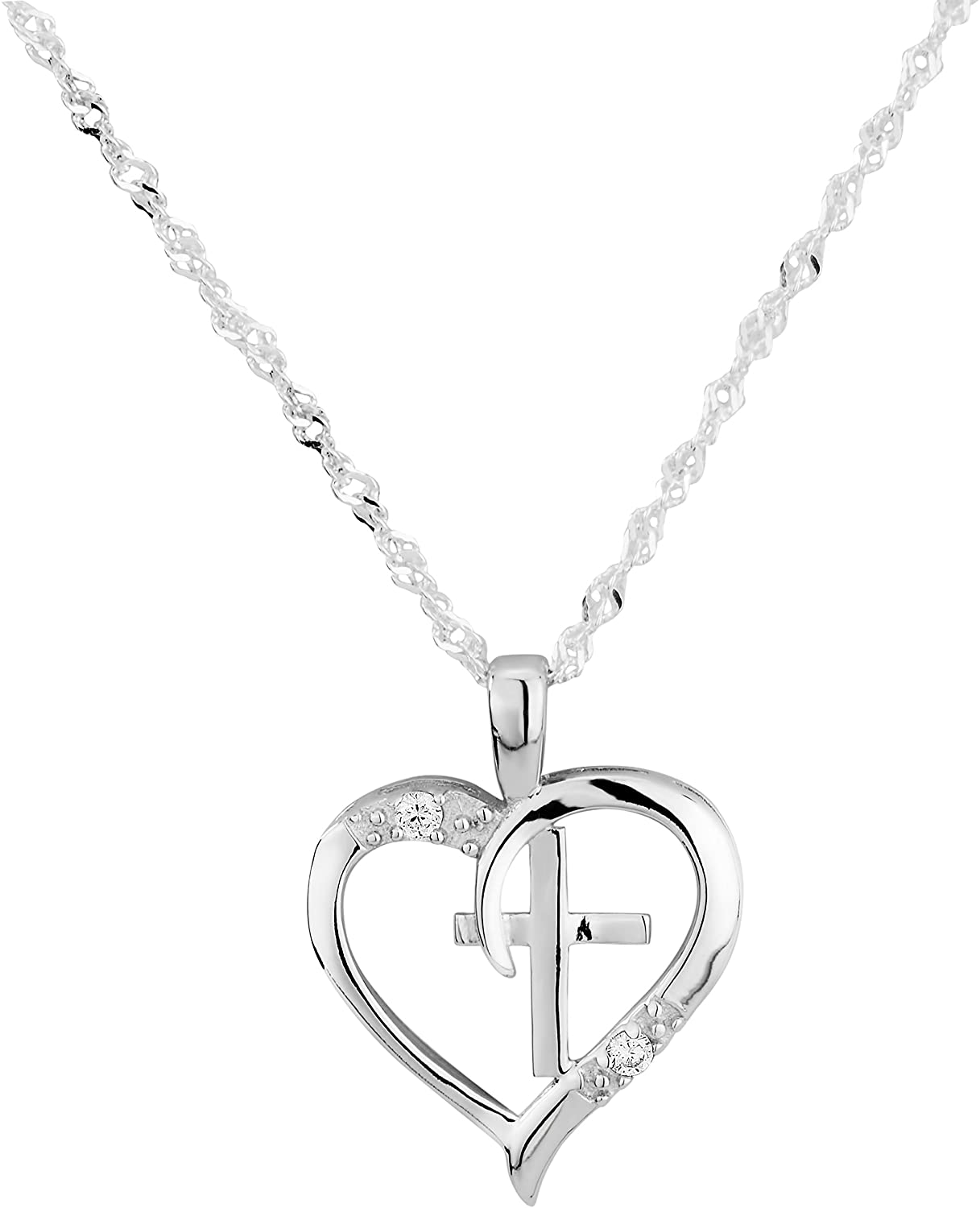 Sterling Silver Heart and Cross CZ Simulated Diamond 18" Singapore Chain Pendant Necklace