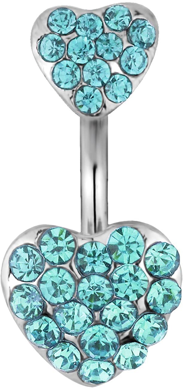 Forbidden Body Jewelry Surgical Steel Aqua Blue Pave Jeweled Double Heart Belly Button Ring