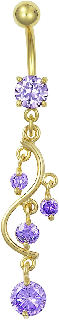 Forbidden Body Jewelry 14kt Gold Plated Surgical Steel Fancy Purple CZ Crystal Vine Drop Multi Gem Dangle Belly Button Ring