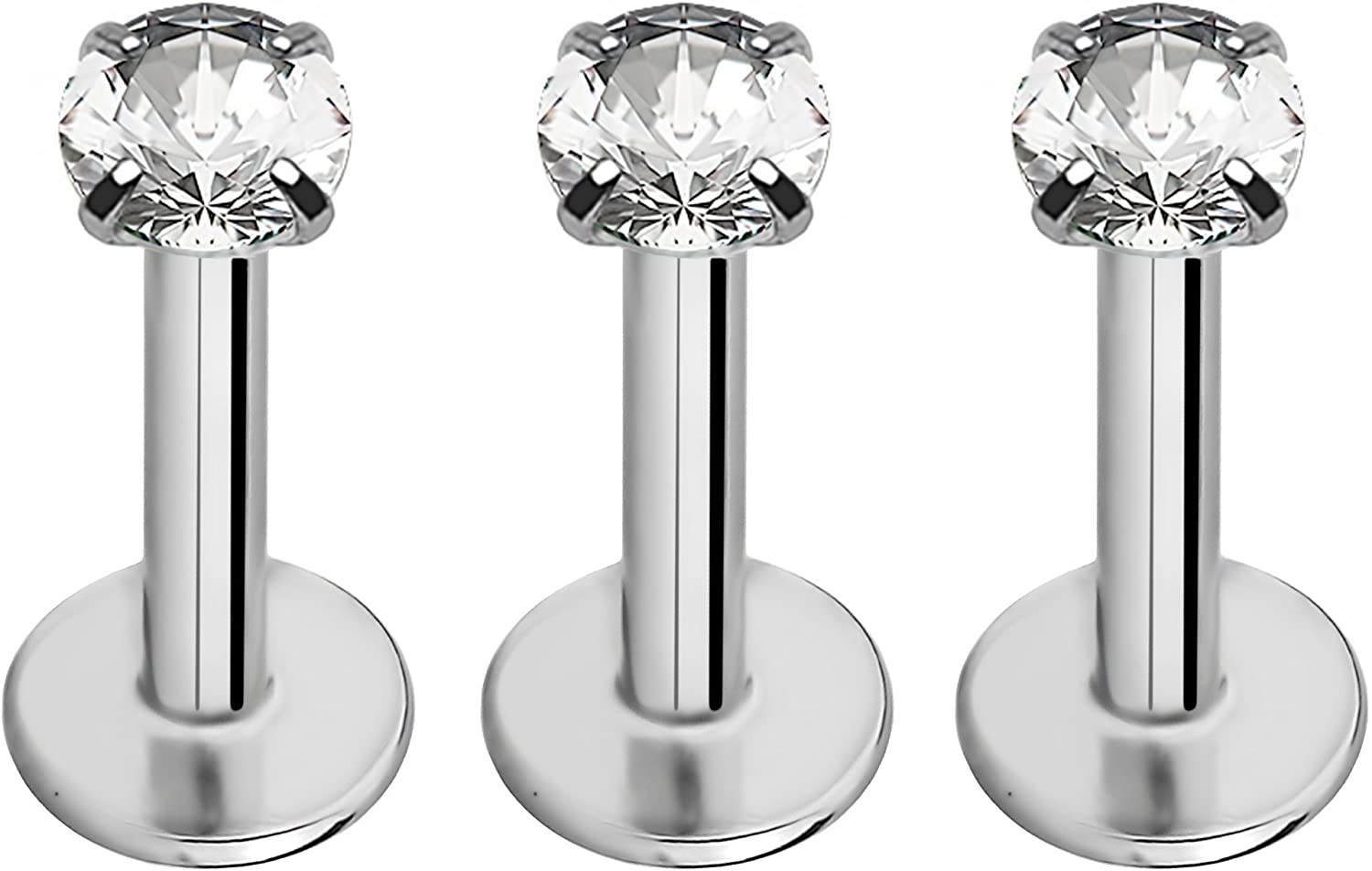 Forbidden Body Jewelry 16g 6-8mm Internally Threaded Surgical Steel Tragus/Helix/Cartilage/Labret Piercing Studs, 2-3mm CZ Top