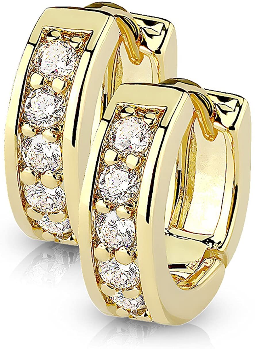 Pair of Surgical Steel/14k Gold Plated/Rose Gold Plated CZ Lined Huggie Hoop Earrings (Choose Style)