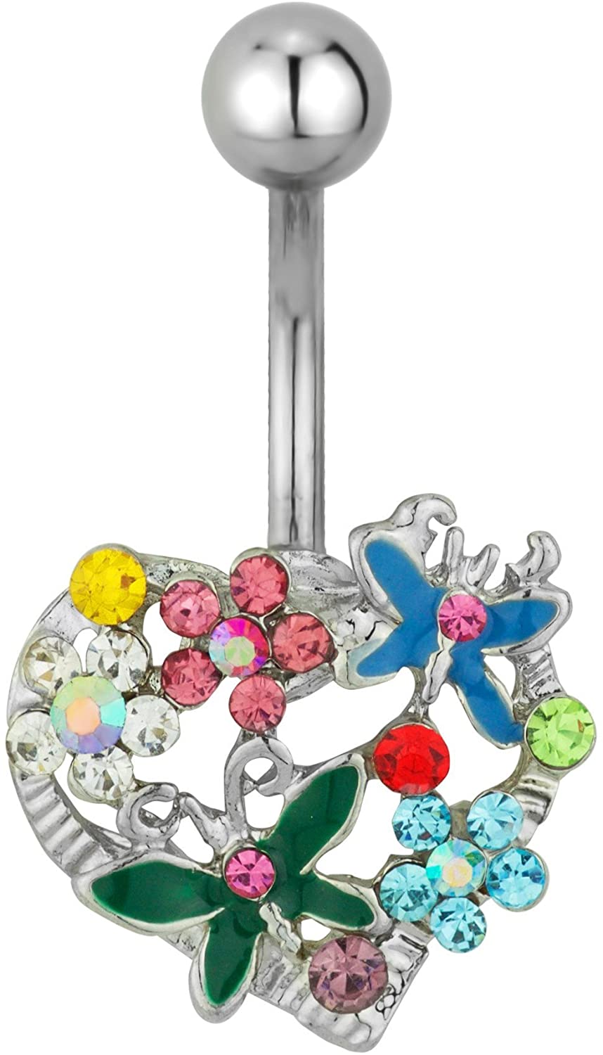 Forbidden Body Jewelry Surgical Steel Butterfly and Flower Heart Jeweled Belly Button Ring