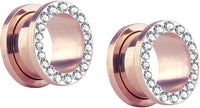 Forbidden Body Jewelry 10G-1" Rose Gold IP Plated Surgical Steel Crystal Rimmed Screw Fit Tunnel Plugs