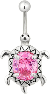 Surgical Steel Pink Jeweled CZ Sea Turtle Animal Belly Button Ring