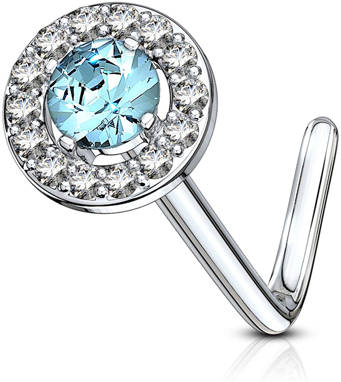 Forbidden Body Jewelry 20g Surgical Steel Fancy Double Tired Big 6mm CZ Halo L Shaped Nose Ring