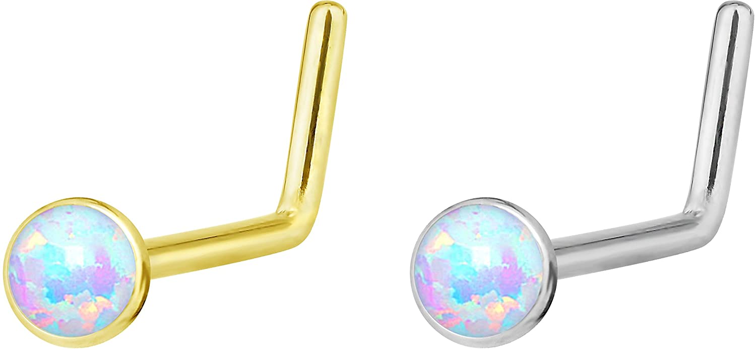 Forbidden Body Jewelry 20g 6mm Surgical Steel, Gold IP Plated & Rose Gold IP Plated Synthetic Opal L-Shape Nose Stud