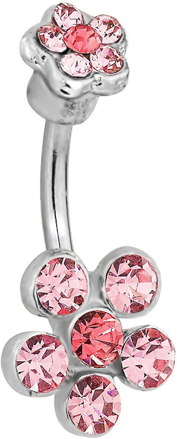 Surgical Steel Double Flower Pink Jeweled Belly Button Ring