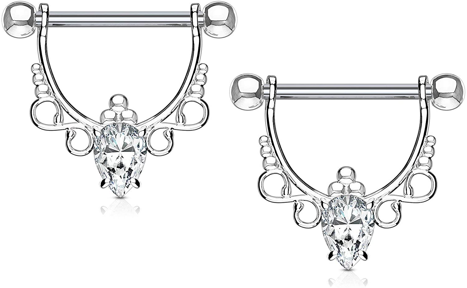 Forbidden Body Jewelry Pair of Surgical Steel 1/2 Inch (12mm) D-Ring Style Fancy CZ Chandelier Dangle Nipple Barbells