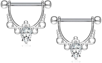 Forbidden Body Jewelry Pair of Surgical Steel 1/2 Inch (12mm) D-Ring Style Fancy CZ Chandelier Dangle Nipple Barbells