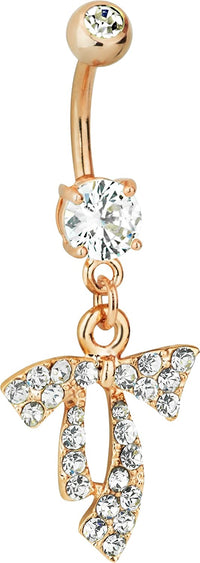 Forbidden Body Jewelry Surgical Steel Rose Gold IP Dangle Bow CZ Crystal Belly Button Ring