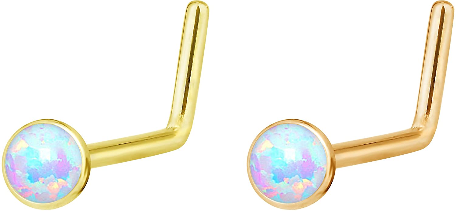 Forbidden Body Jewelry 20g 6mm Surgical Steel, Gold IP Plated & Rose Gold IP Plated Synthetic Opal L-Shape Nose Stud