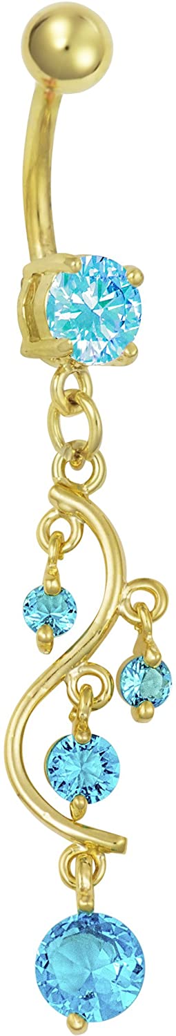 Forbidden Body Jewelry 14kt Gold Plated Surgical Steel Fancy Aqua CZ Crystal Vine Drop Multi Gem Dangle Belly Button Ring