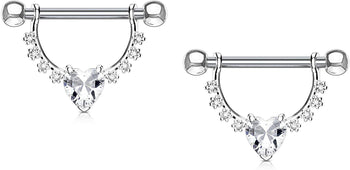 Forbidden Body Jewelry Pair of Surgical Steel 1/2 Inch (12mm) D-Ring Style CZ Heart Dangle Nipple Barbells