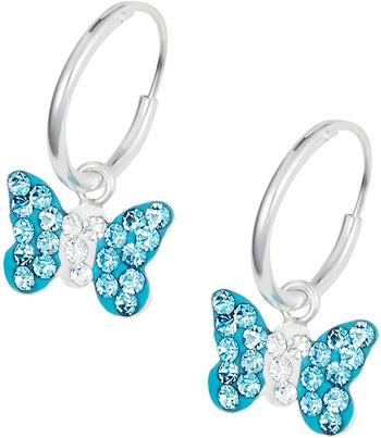 Hypoallergenic Sterling Silver Aqua Crystal Butterfly Hoop Earrings for Kids (Nickel Free)