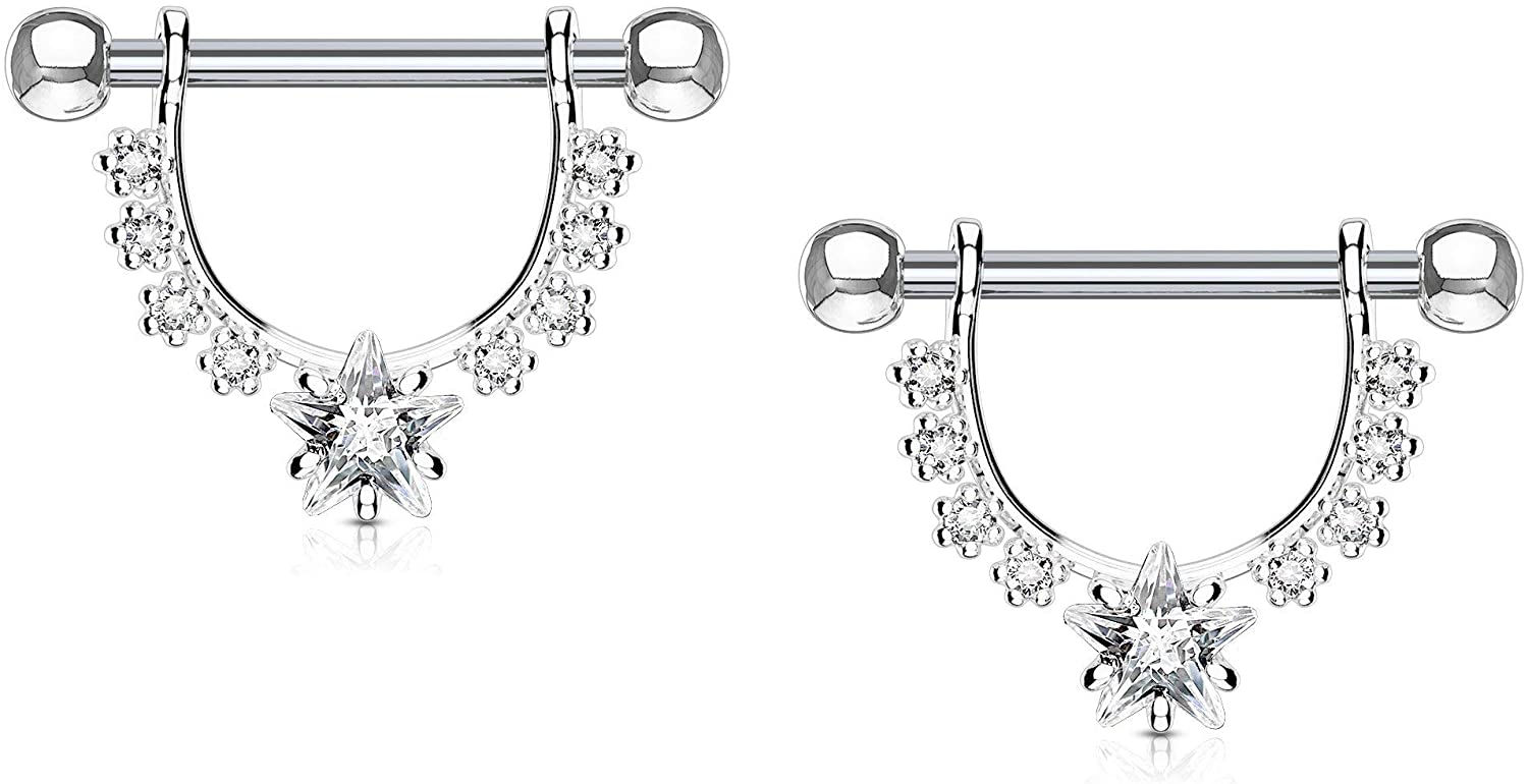 Forbidden Body Jewelry Pair of Surgical Steel 1/2 Inch (12mm) D-Ring Style CZ Star Dangle Nipple Barbells