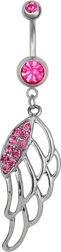 Forbidden Body Jewelry Surgical Steel Pink CZ Pave Jeweled Angel Wing Dangle Belly Button Ring