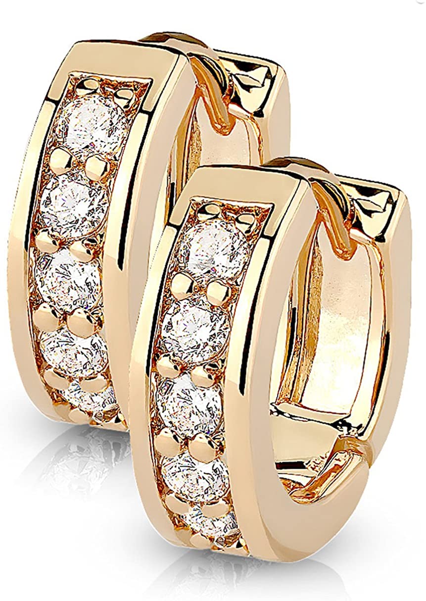 Pair of Surgical Steel/14k Gold Plated/Rose Gold Plated CZ Lined Huggie Hoop Earrings (Choose Style)