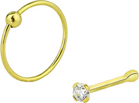 Forbidden Body Jewelry Set of 2 Styles Nose Rings: Sterling Silver Gold Plated 1.25mm CZ Stud and 9mm Nose Hoop