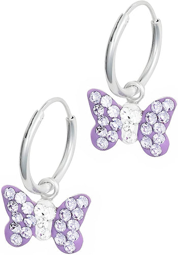 Hypoallergenic Sterling Silver Lavender Crystal Butterfly Hoop Earrings for Kids (Nickel Free)