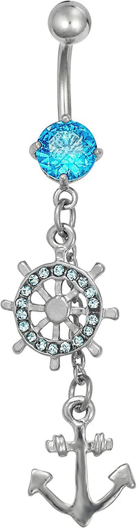 Surgical Steel Aqua Jeweled Anchor & Ship Wheel Nautical Dangle Belly Button Ring