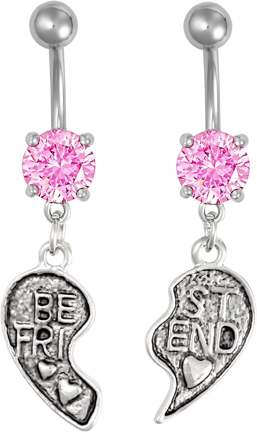 Surgical Steel Set of Best Friend Matching Pink Jeweled Heart Belly Button Rings