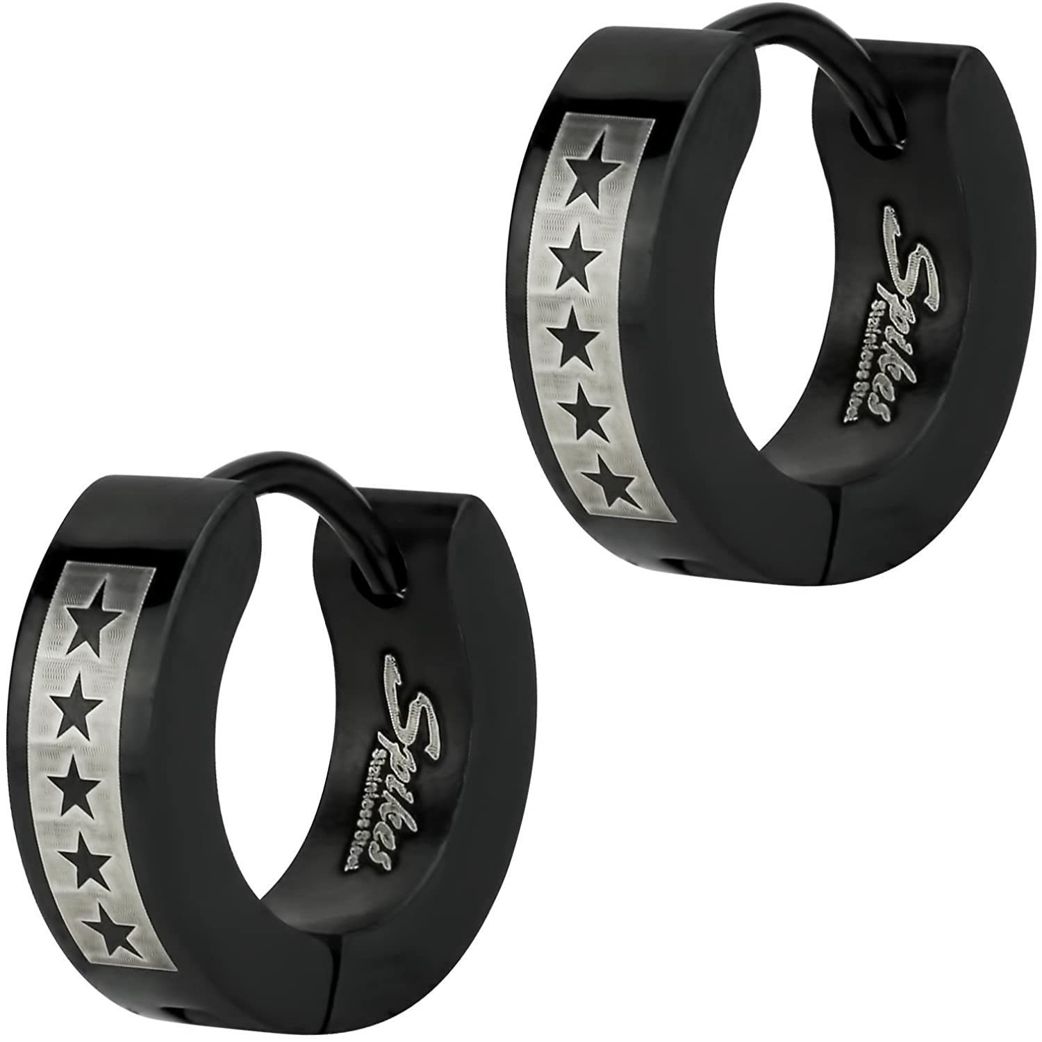 Stainless Steel Black Semi Matte Star Pattern Huggie Hoop Earrings for Men