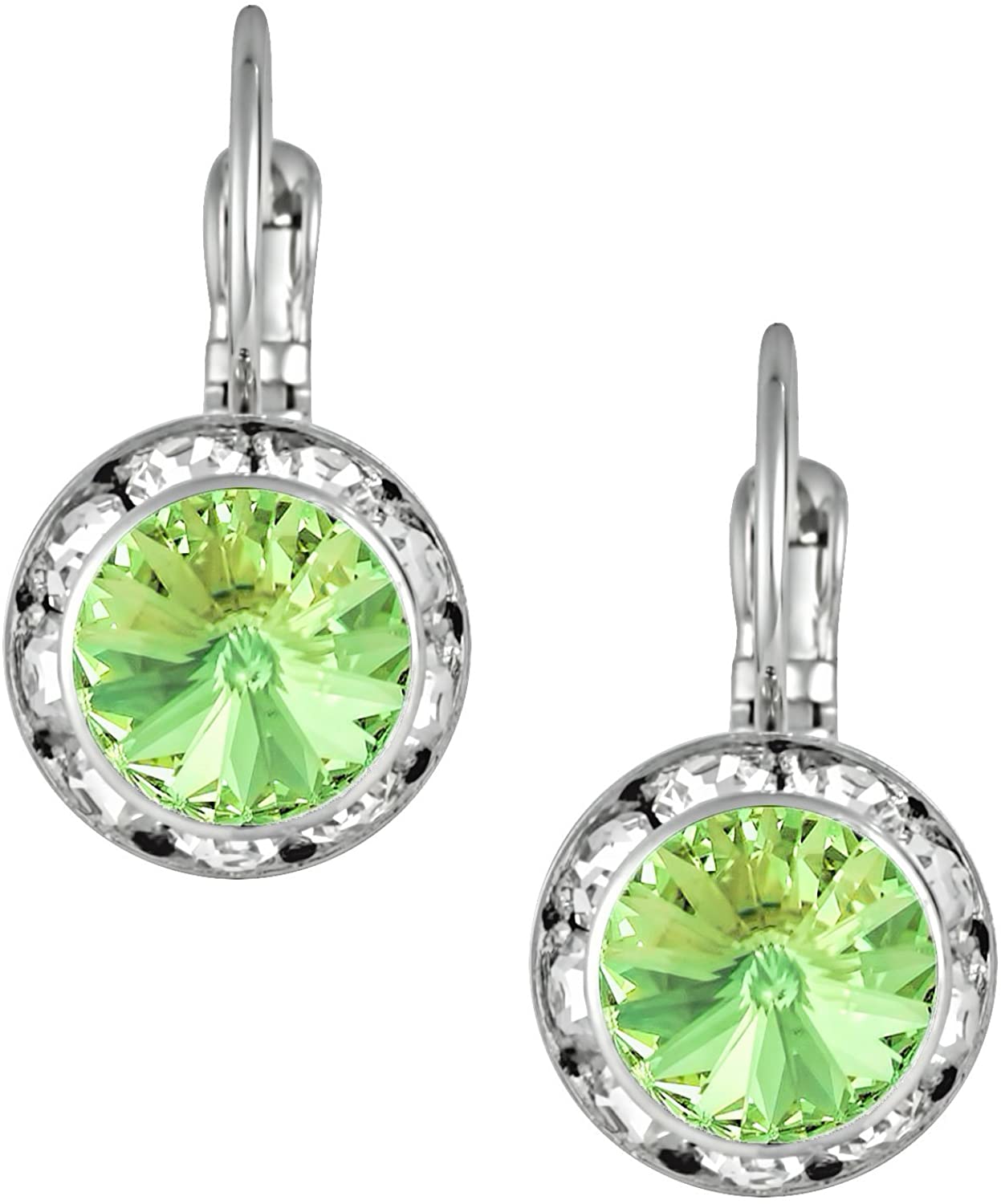 Austrian Crystal Silver Tone Framed Peridot Lever Back Earrings for Women