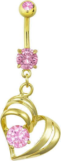 Forbidden Body Jewelry 14kt Gold Plated Surgical Steel Pink CZ Simulated Diamond Double Heart Dangle Belly Button Ring