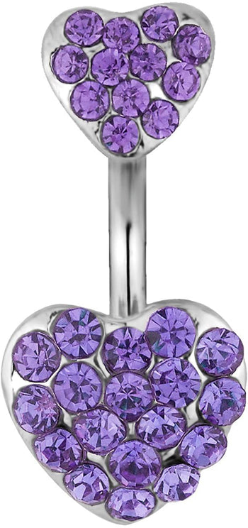 Forbidden Body Jewelry Surgical Steel Purple Pave Jeweled Double Heart Belly Button Ring