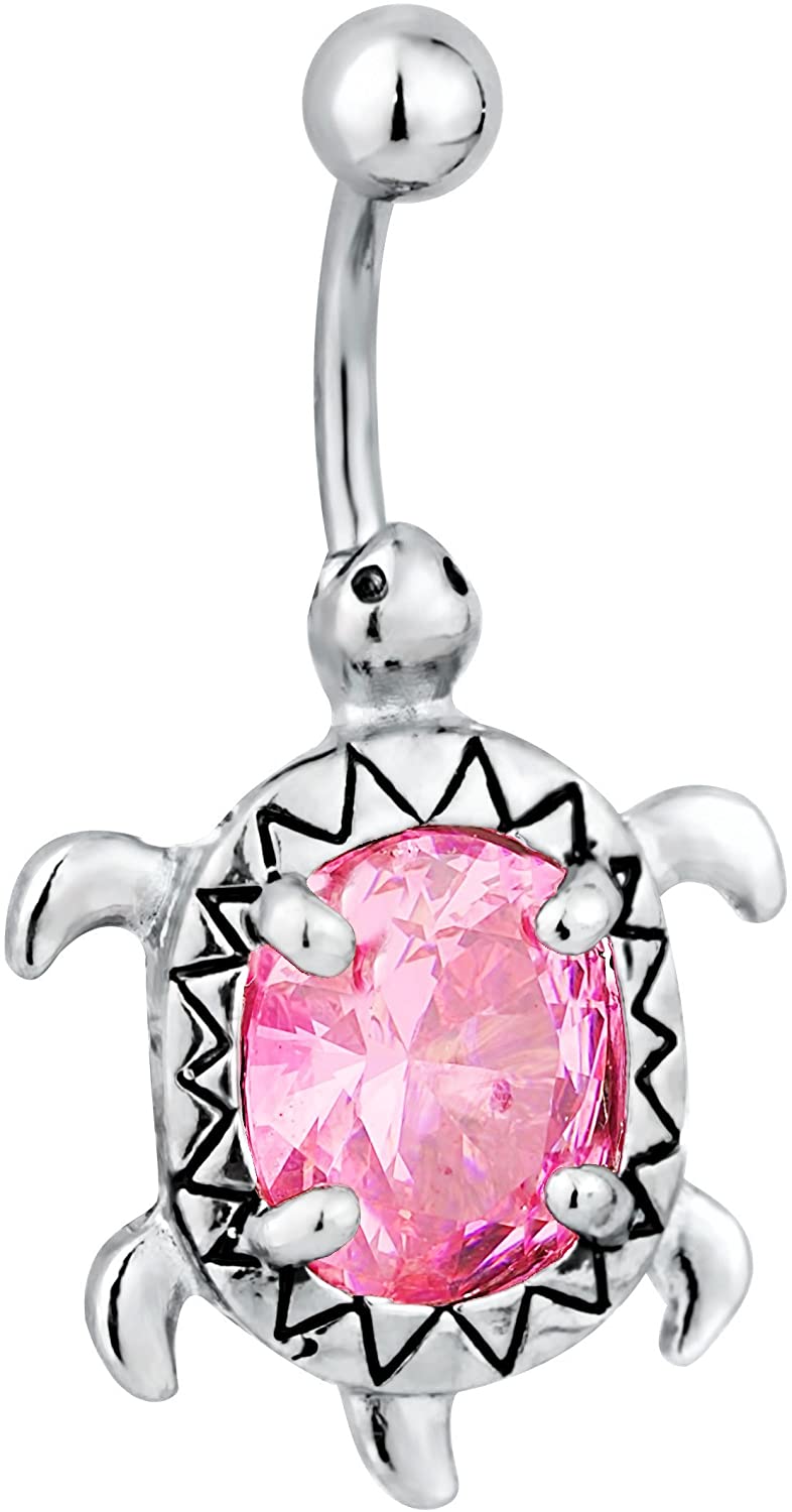 Surgical Steel Pink Jeweled CZ Sea Turtle Animal Belly Button Ring