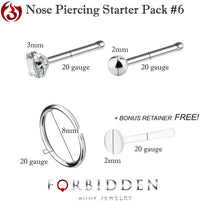 Forbidden Body Jewelry Starter Piercing Value Variety Packs for Nose/Cartilage/Belly Ring and Free Retainer