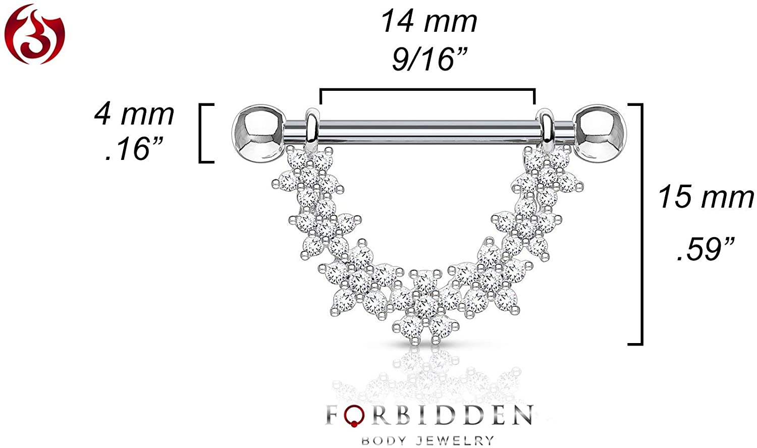 Forbidden Body Jewelry Pair of Surgical Steel 9/16 Inch (14mm) CZ Flower Daisy Chain Dangle Nipple Barbells