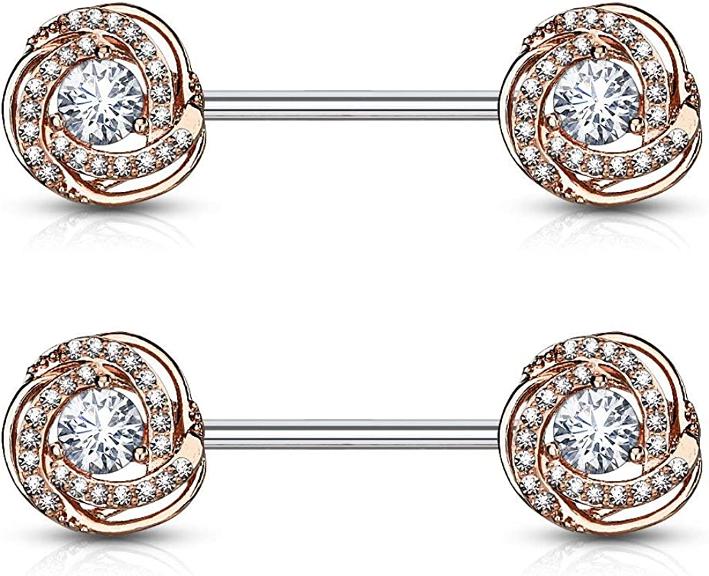 Forbidden Body Jewelry Ultra Glam CZ Swirl Halo Frame Surgical Steel Nipple Barbells