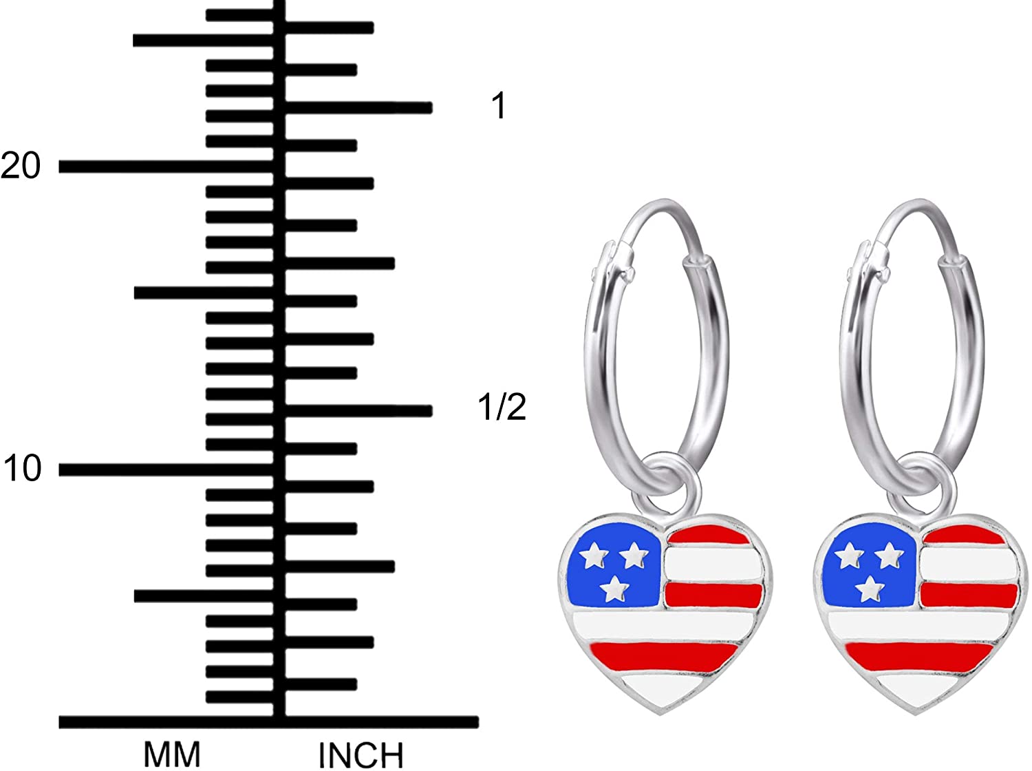 Hypoallergenic Sterling Silver American Flag Heart Earrings for Kids (Nickel Free)