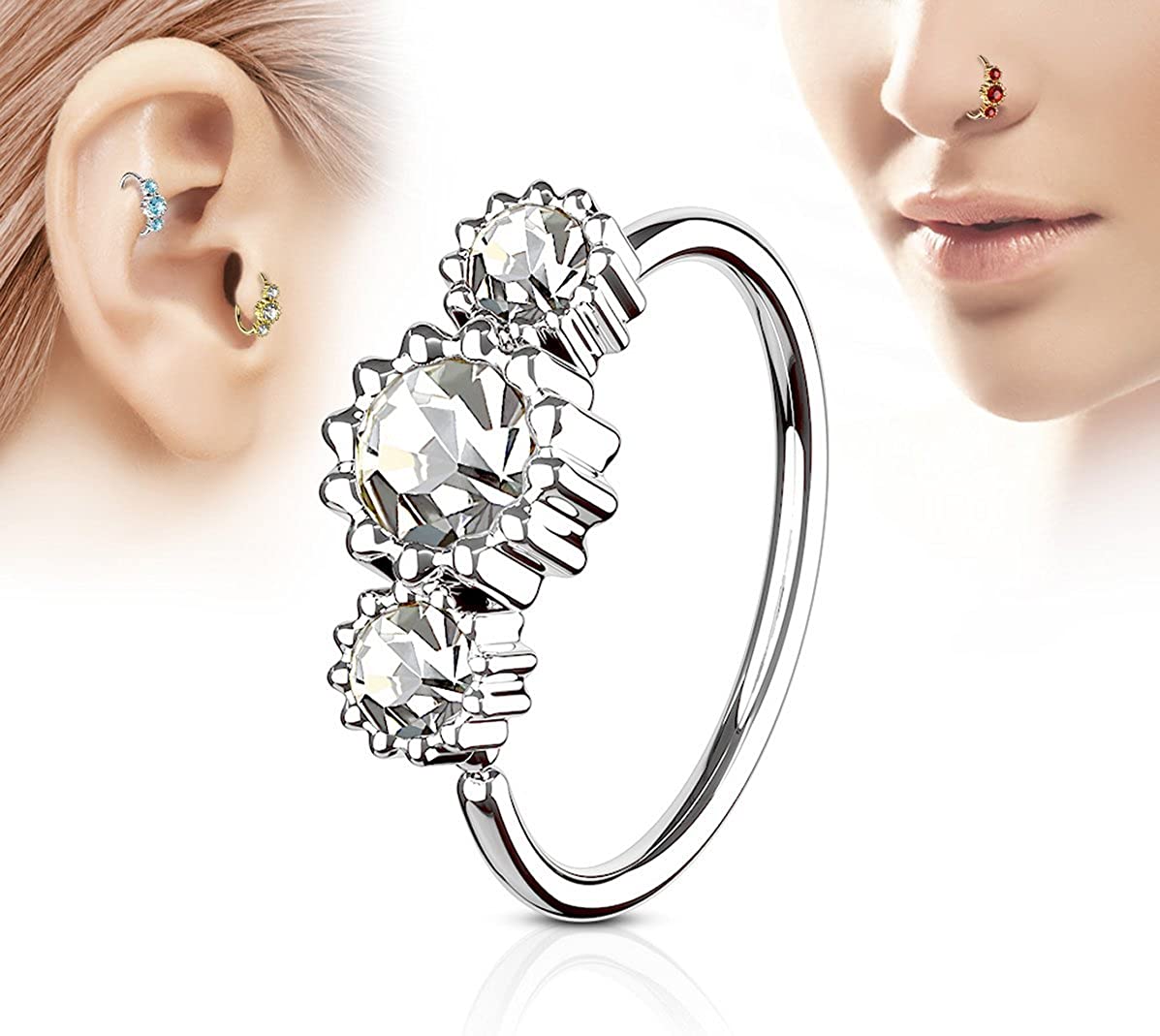 Forbidden Body Jewelry 20g 8mm Surgical Steel Triple CZ Crystal Gemmed Nose Ring & Cartilage Hoop