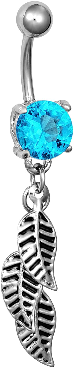 Surgical Steel Aqua Jeweled Solitaire Crystal Dangle Feathers Belly Button Ring