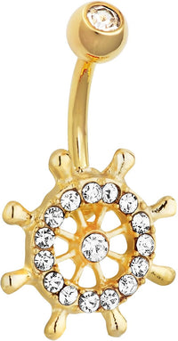 Forbidden Body Jewelry 14kt Gold Plated Surgical Steel CZ Crystal Nautical Design Ship Wheel Belly Ring