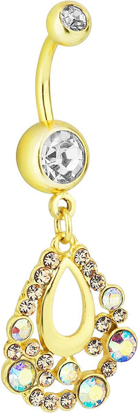 Forbidden Body Jewelry 14kt Gold Plated Aurora Borealis CZ Simulated Diamond Tear Drop Sexy Dangle Belly Button Ring