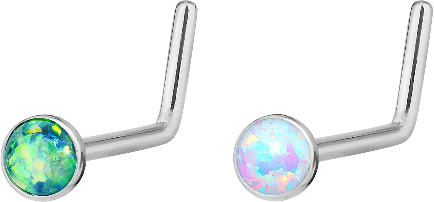 Forbidden Body Jewelry 20g 6mm Surgical Steel, Gold IP Plated & Rose Gold IP Plated Synthetic Opal L-Shape Nose Stud