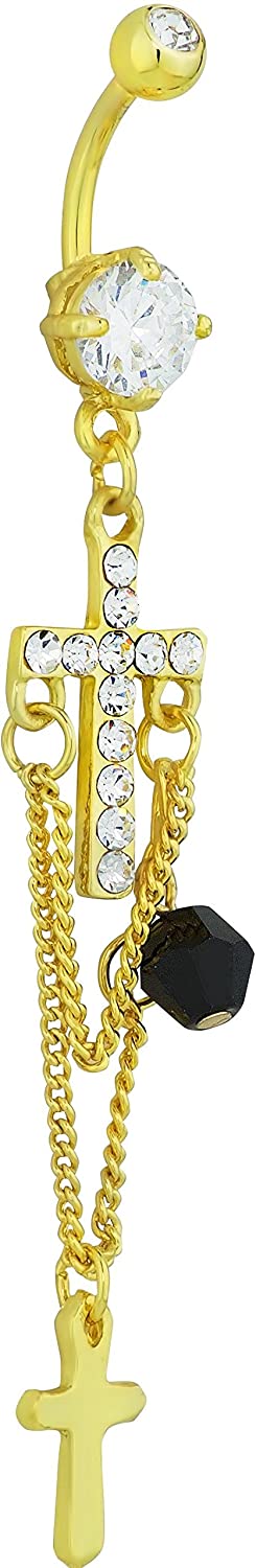 Forbidden Body Jewelry 14kt Gold Plated Cross Charms CZ Crystal Dangle Belly Button Ring