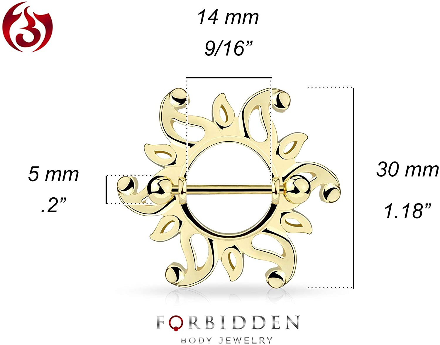 Forbidden Body Jewelry Pair of Surgical Steel Sexy Tribal Sun Nipple Piercing Shields, 9/16 Inch Barbells